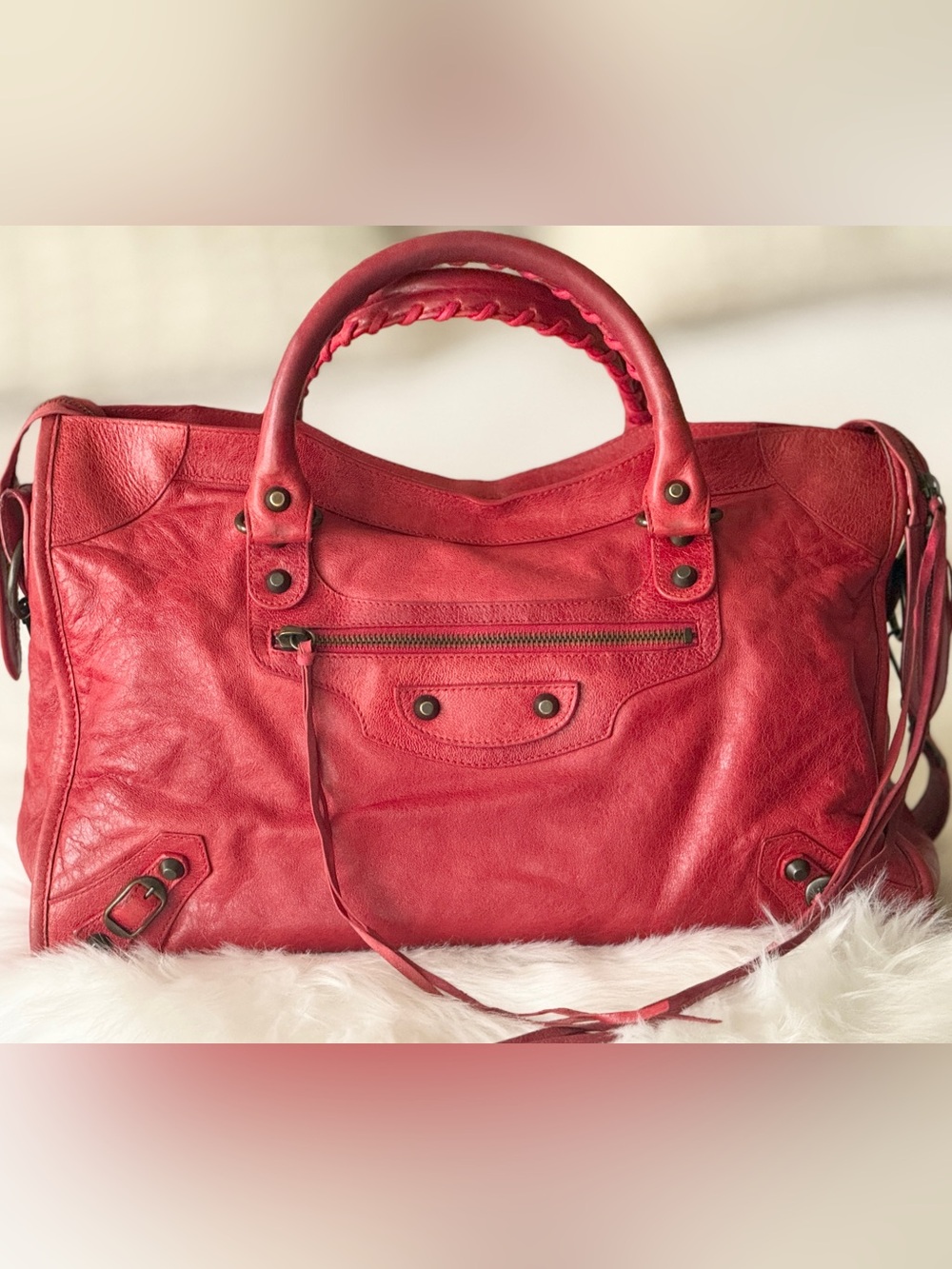 BALENCIAGA CITY BAG BRIGHT RED CHÈVRE LEATHER S/S 2007 MOTO BAG VINTAGE - Picture 2 of 16
